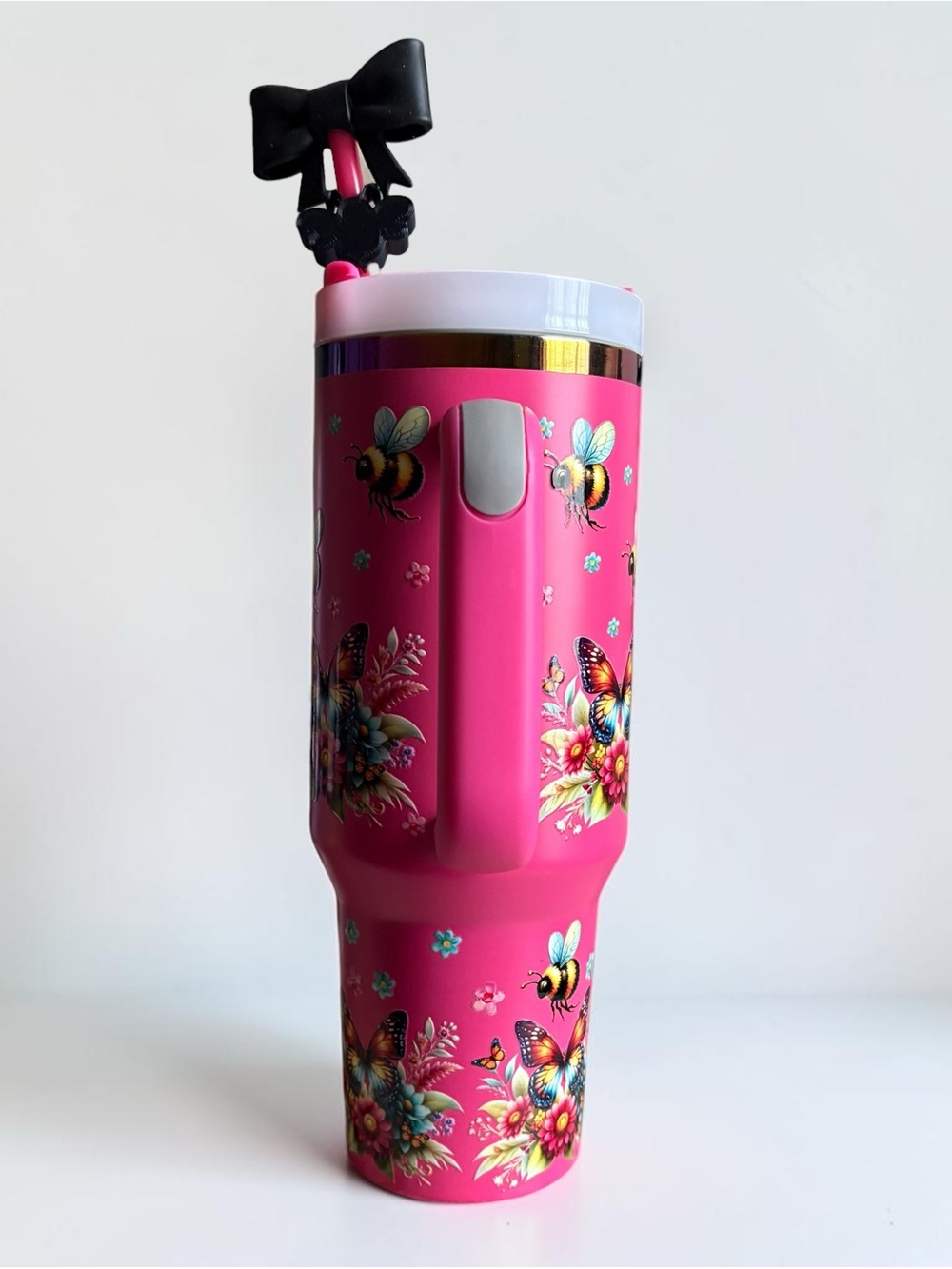 NEW 40 oz Pink Floral Bee Butterfly Tumbler with Handle & Bow - Picture 4 of 4